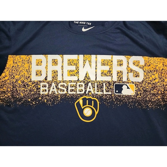 Nike Milwaukee Brewers Shirt Mens Large Dri Fit Center Swoosh Blue Yellow MLB - Picture 2 of 7